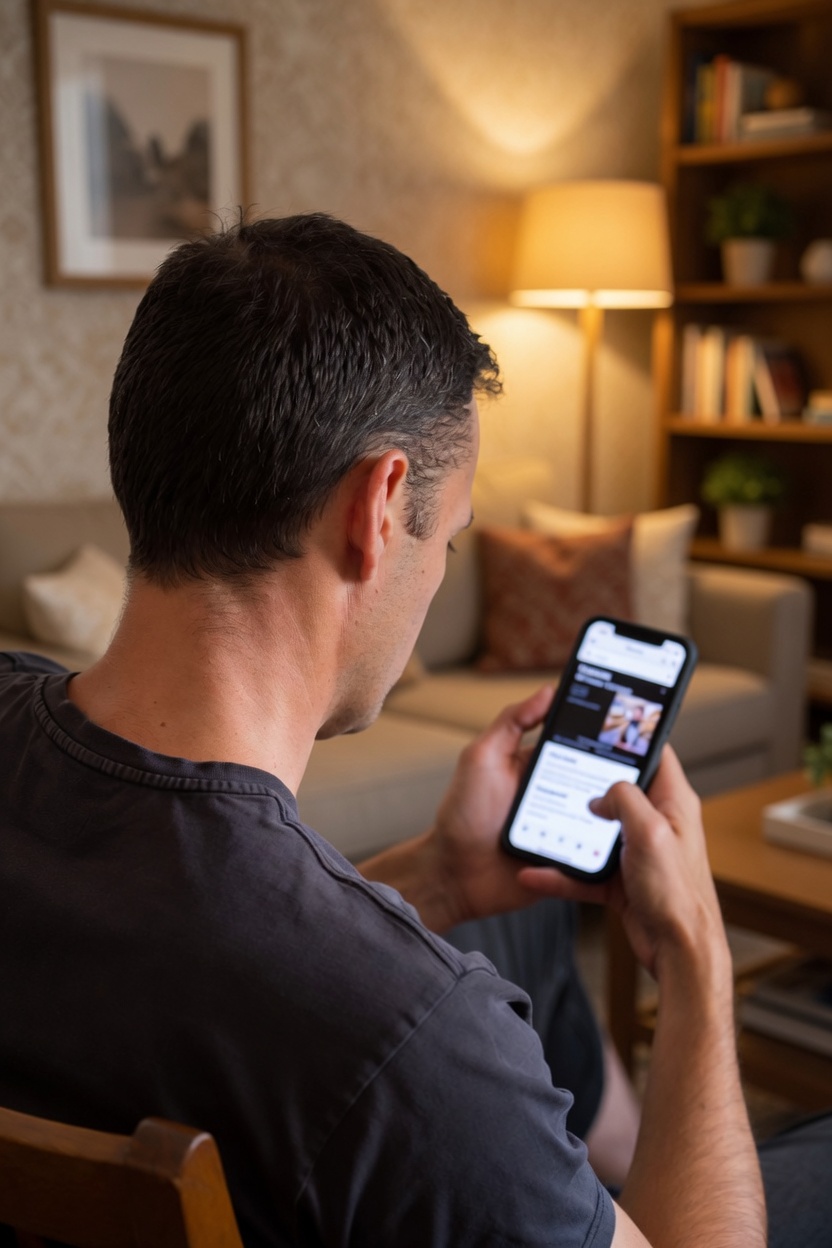 A client reviewing course material on his phone from his living room