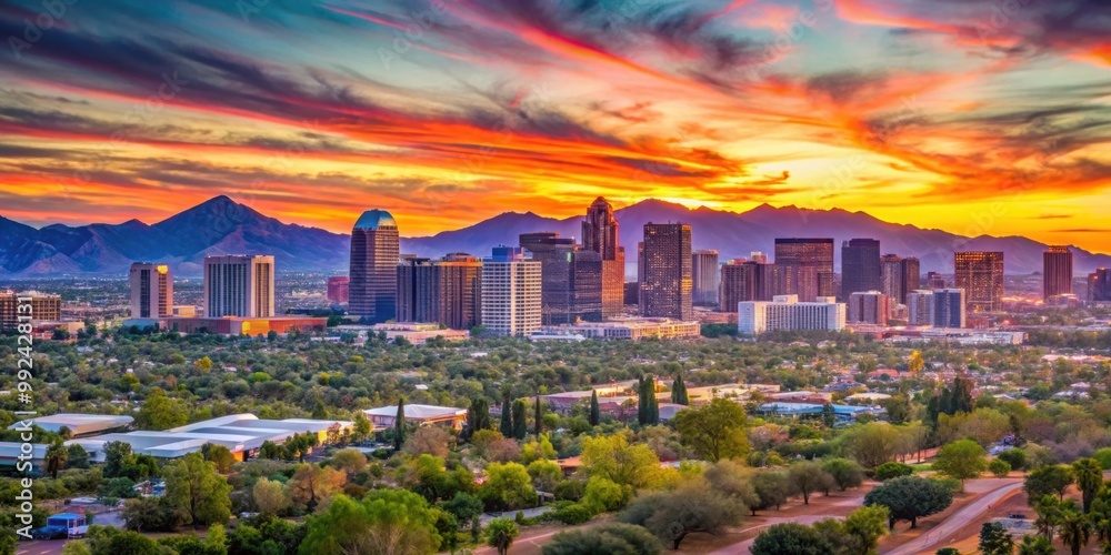 Downtown Phoenix at sunset with the McDowell Mountains in the distance